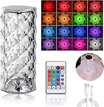 "16-Color Touch Control Diamond Rose Crystal Lamp – USB Rechargeable Acrylic Bedside Lamp."