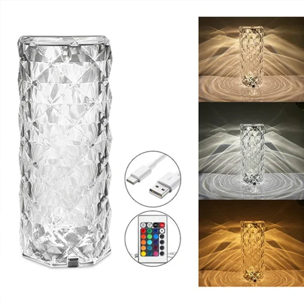 "16-Color Touch Control Diamond Rose Crystal Lamp – USB Rechargeable Acrylic Bedside Lamp."