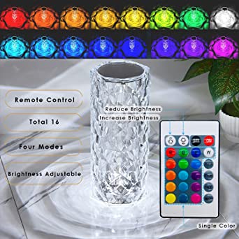 "16-Color Touch Control Diamond Rose Crystal Lamp – USB Rechargeable Acrylic Bedside Lamp."