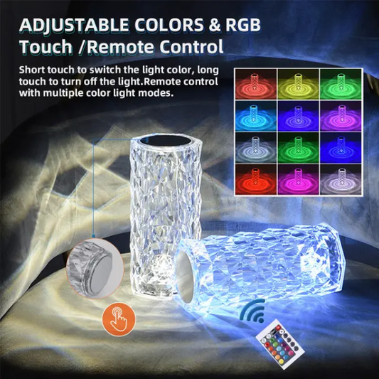 "16-Color Touch Control Diamond Rose Crystal Lamp – USB Rechargeable Acrylic Bedside Lamp."