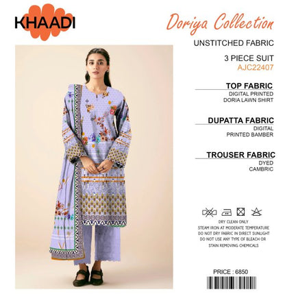 "Khaadi Doriya Collection: 3-Piece Unstitched Lawn Fabric for Casual Wear"