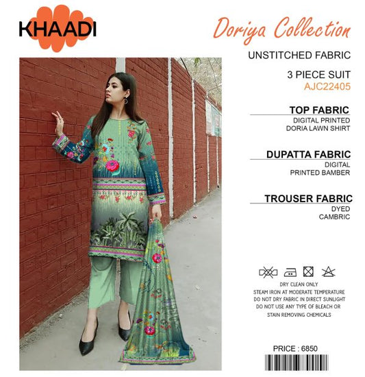 "Khaadi Doriya Collection: 3-Piece Unstitched Lawn Fabric for Casual Wear"