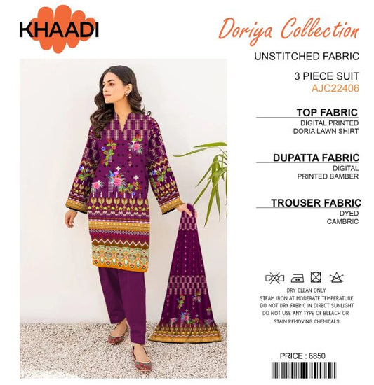 "Khaadi Doriya Collection: 3-Piece Unstitched Lawn Fabric for Casual Wear"